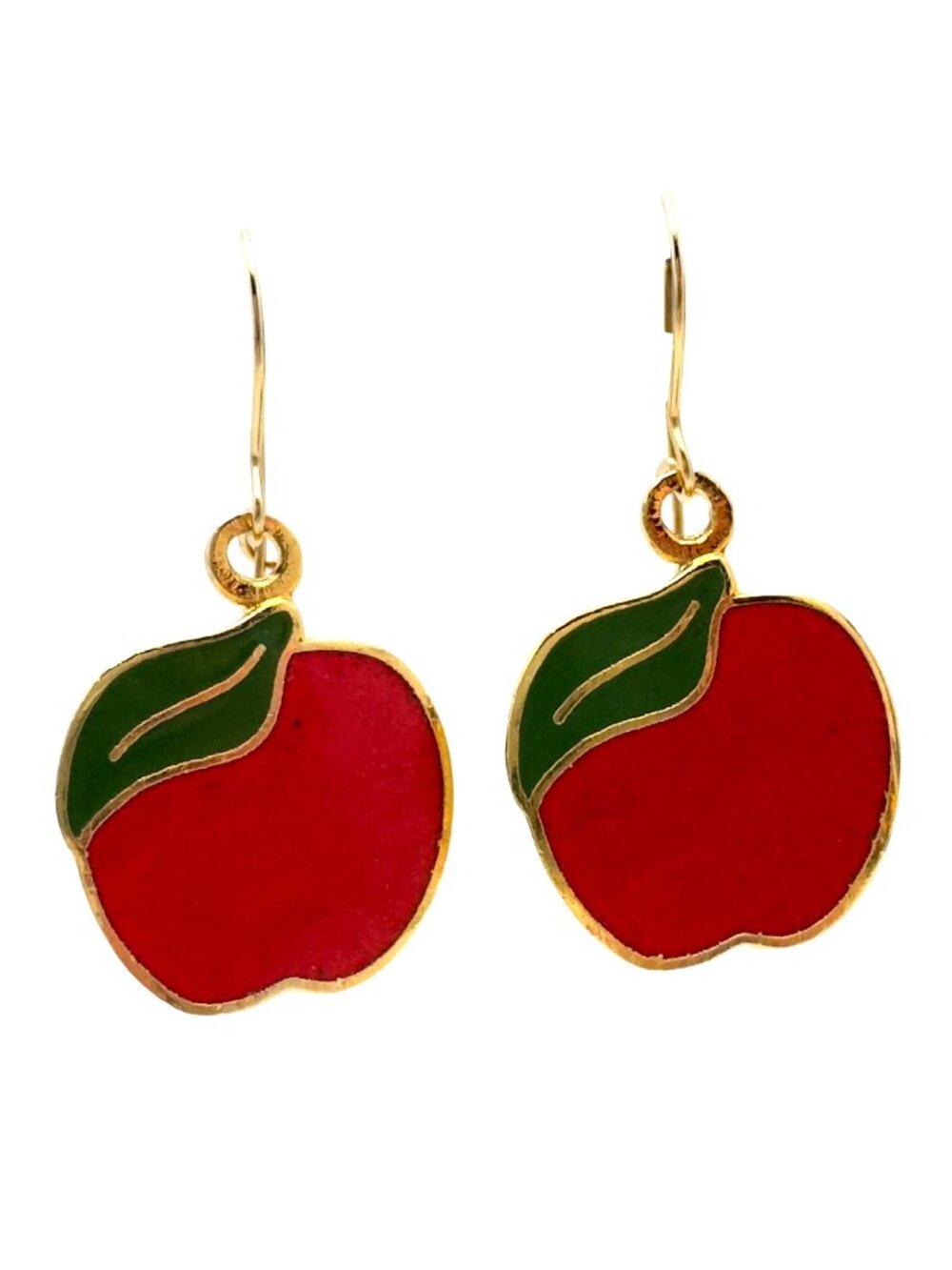 Apple-Shaped Goldtone Red Enamel Drop Earrings By Mafco Vintage Retro Style